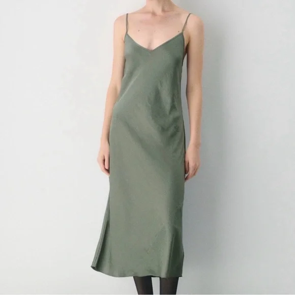 Oak + FORT Olive Green Slip Midi Dress - Minimalist Women’s Dress - Picture 1 of 6
